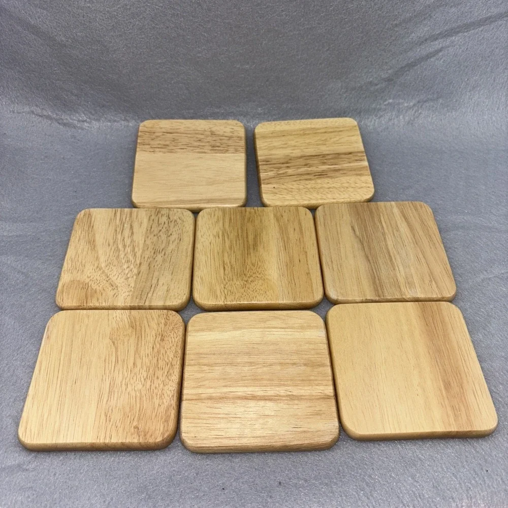 Vintage Light Blonde Oak Drink Coaster Set W/Stand 8pc Cut Circles 80s Thailand